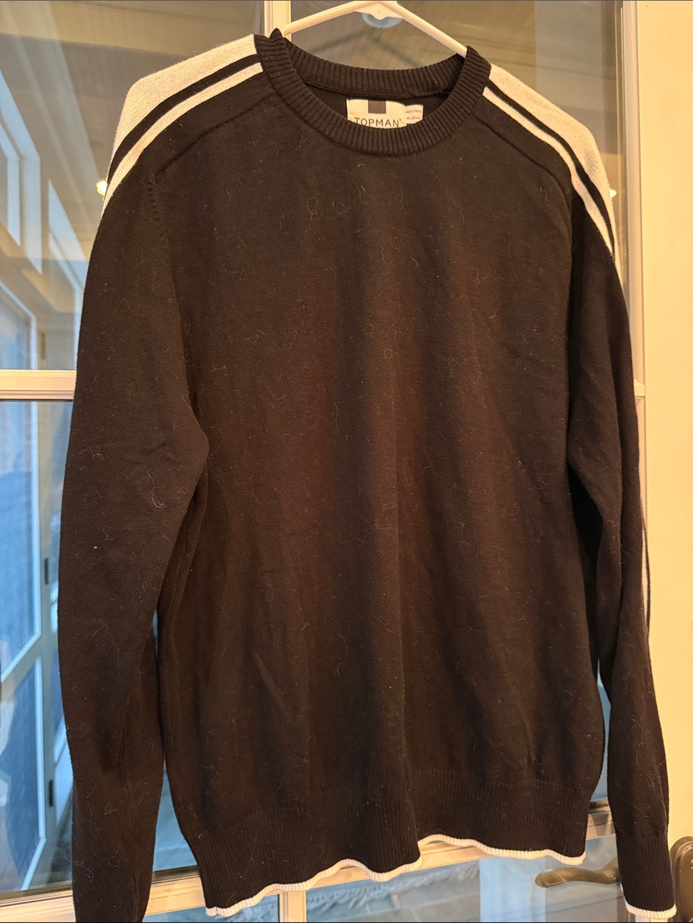 Topman Black Crewneck Sweater with White Shoulder Stripes